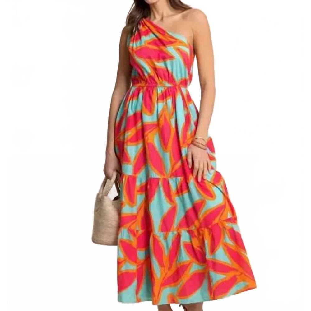 Southern Tide Analeah One Shoulder Maxi Dress Womens Medium Teal Pink Cotton - Picture 4 of 10